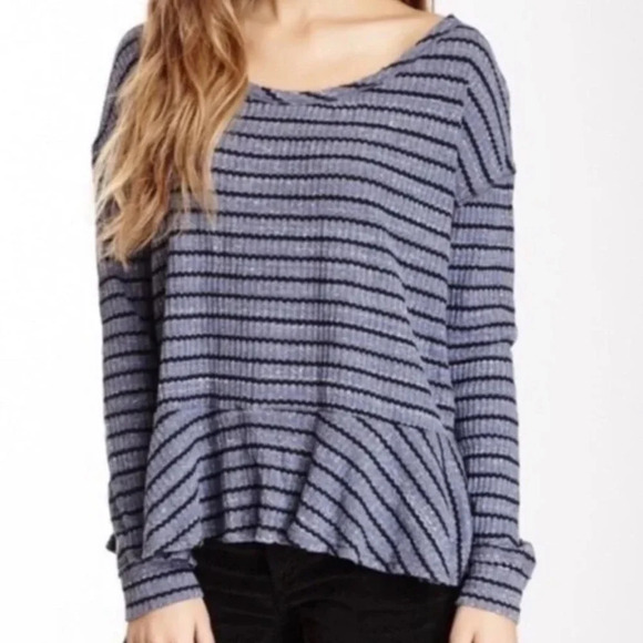 Free People Blue Black Stripe Peplum Long Sleeve Shirt - Picture 1 of 9